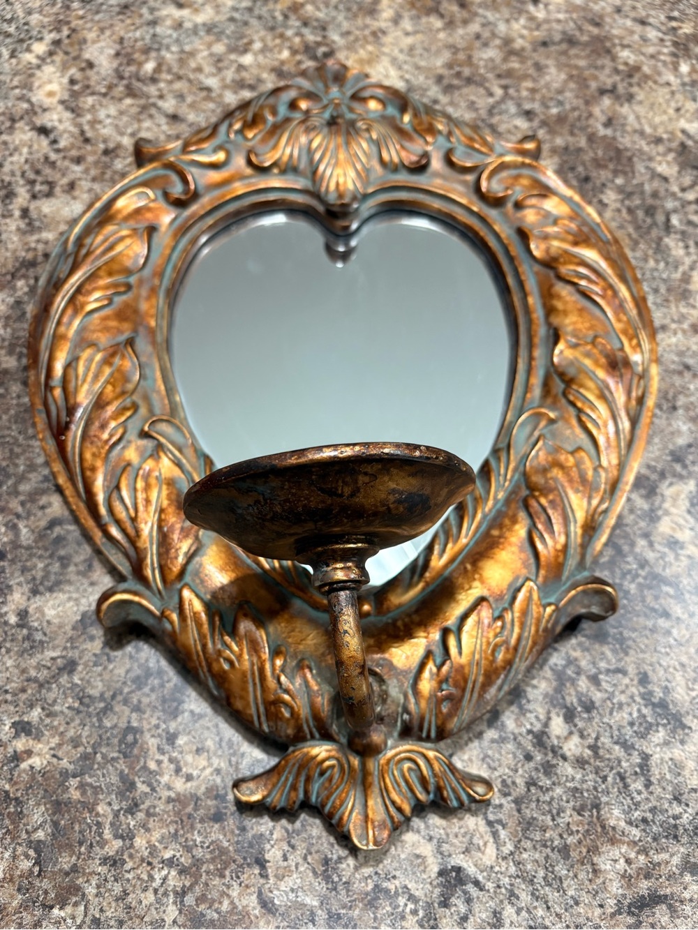 Vintage Ornate Heart Wall Mirror Candle Sconce in Antique Gold